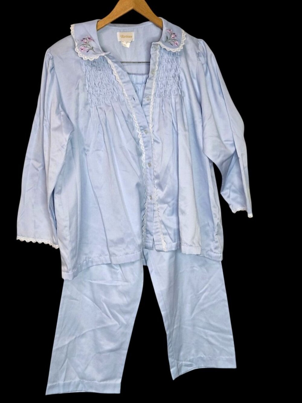 Women's Vintage Retro Barbizon Blue Pajama Set With Embroidered Collar Smocking - Picture 2 of 16